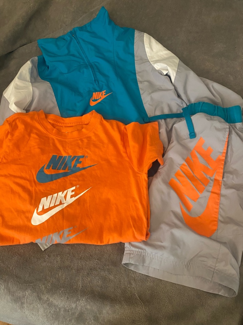 Nike Orange Logo Tee with Teal and Gray Windbreaker Set